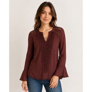 Coco + Jameson Burgundy Boho Blouse Crochet Lace Bell Sleeve Peasant Top